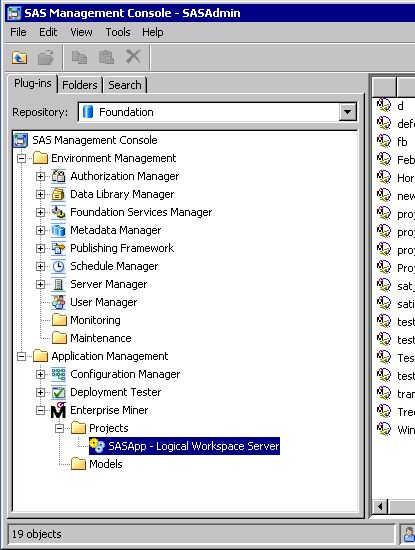 16 Chapter 4 Migrating to SAS Enterprise Miner 14.1 account. In the SAS Management Console, complete the steps below to manually update the WebDAV URL. 1. In the Plug-ins tab, expand the Application Management folder, then the Enterprise Miner folder, and then the Projects folder.