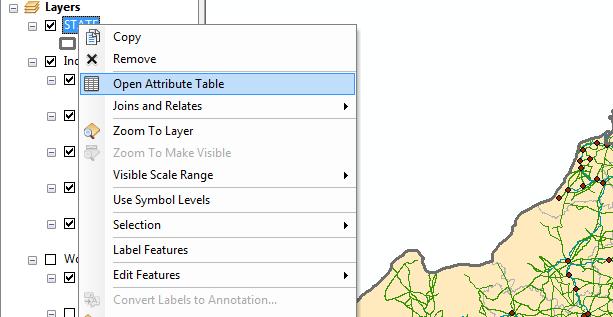 2. Right-click on the State layer and choose Open Attribute Table: Before we proceed, you need to know what the items in the attribute tables for the STATE, DISTRICT, and TOWN attribute tables mean.