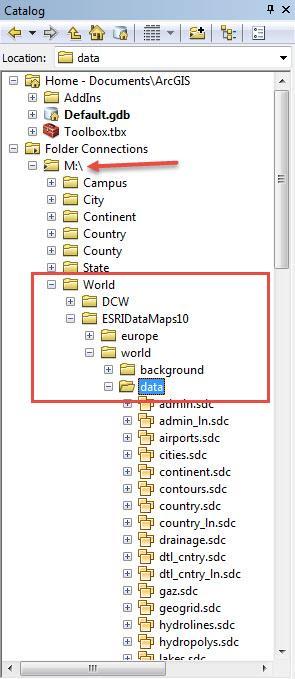 10. Using your new M drive folder connection, navigate to M: > World > ESRI DataMaps10 > World > Data.