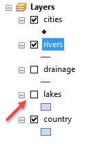 11. Uncheck lakes and drainage in the Table of Contents. You can do so by clicking once on the box, located to the left of the file name. 12.
