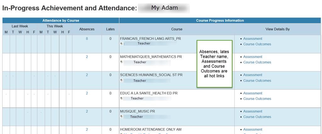 2 IN-PROGRESS ACHIEVEMENT AND ATTENDANCE Parent s Guide to the Student/Parent Portal This is the default view when you log into the Portal. Any text in Blue is a link to more data.