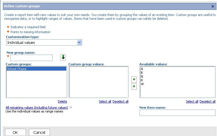 3. The progression for adding the custom groups by using the Individual values option is to first name the New