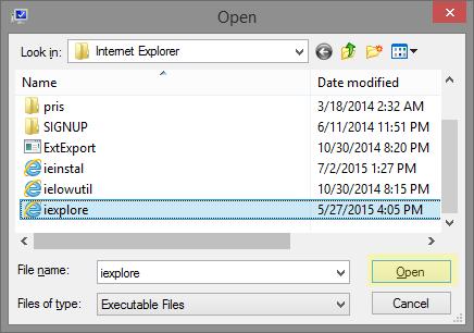 Locate and select the executable file for Internet Explorer named iexplore.