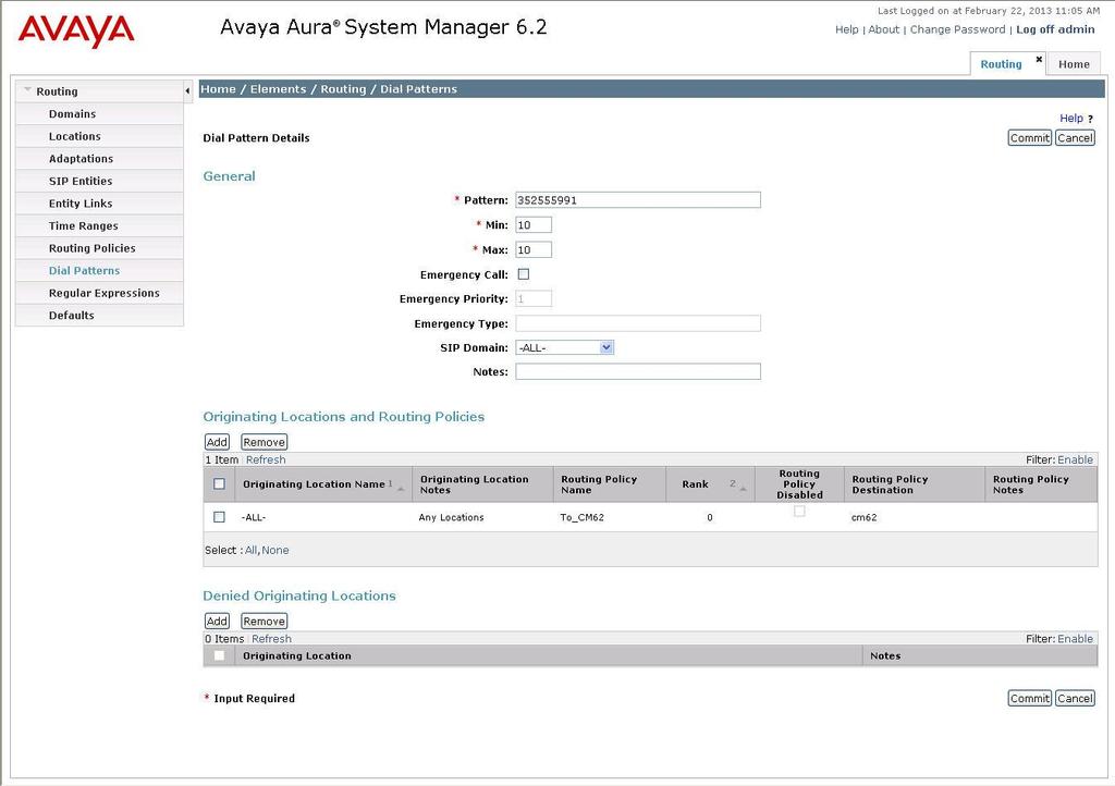 The SIP domain was set to -ALLsince this Session Manager was not being shared in this environment, but could have been set specifically to avayalab2.com if necessary.