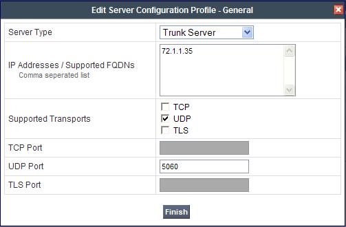7.4.2. Server Configuration for Bright House Networks SIP Trunking A second Server Configuration profile named SP-SIP-Trunk was similarly created.