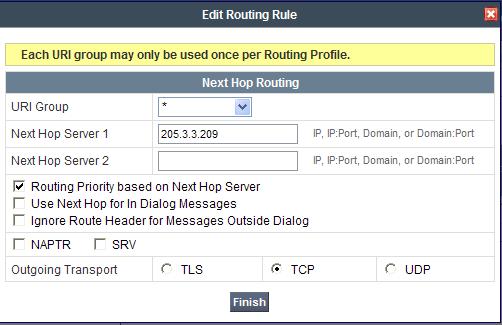In the Next Hop Routing configuration, enter the IP Address of the Session Manager SIP