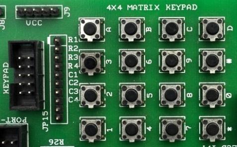 4x4 matrix Keypad and Connector: This is onboard 4x4 matrix Keypad can be used as an input medium for different applications made by sixteen push-on Tactile Switches.
