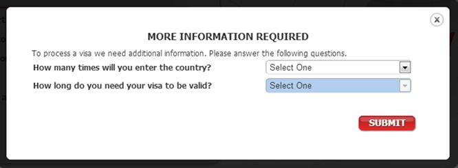 Step Two: Click and select country of destination by clicking on the drop down list.