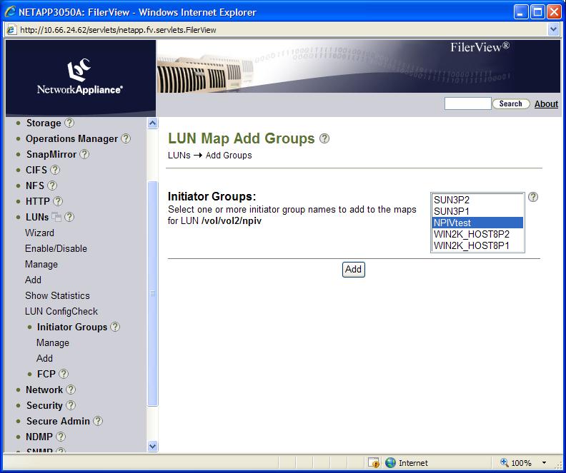 g. Click Add under LUNs in the left navigation pane. h. In the Add LUN screen, enter the required information and click Add. i. Once the LUN is created, click Manage under LUNs in the left navigation panel and select the LUN you created.