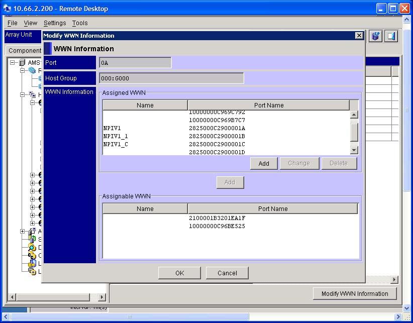 d. In the WWN Information screen, click Add. e. In the WWN dialog box, add the virtual WWNs that the Server Administrator gave you.