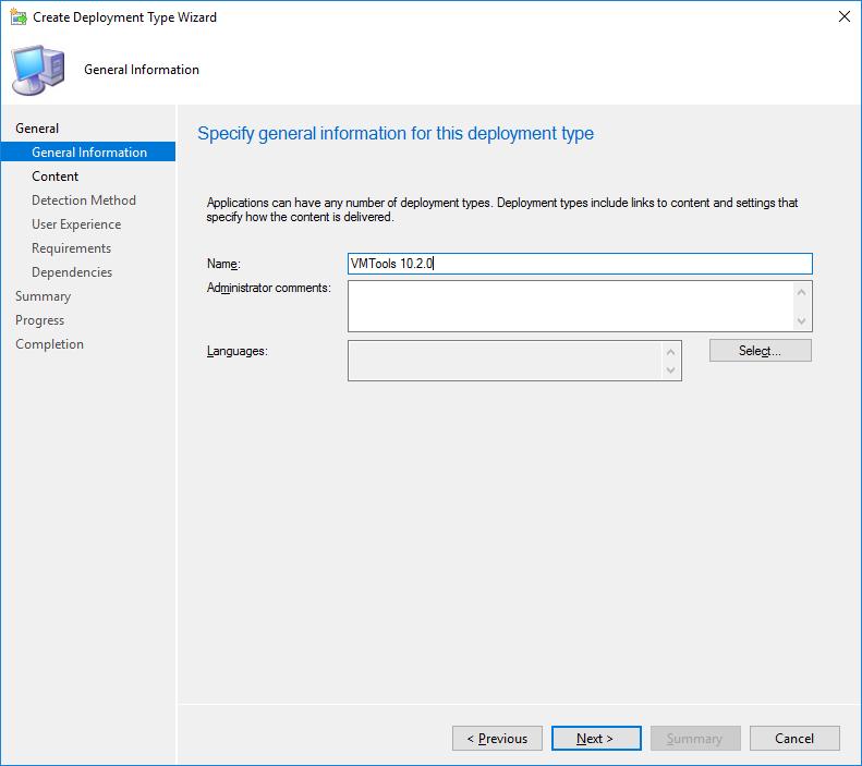3. Specify Content for the Deployment Type Specify the location of the VMware Tools installation files, al