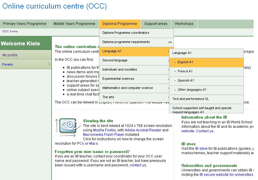 OCC navigation The OCC contains sections for the PYP, MYP, DP and Support Areas.