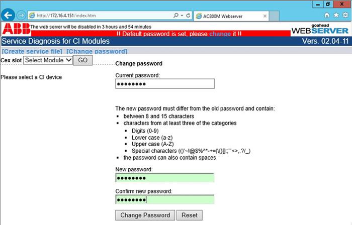 Section 5 CI871 Web Server Change Password Change Password The controller password should not be changed when several users are using the web server at the same time.