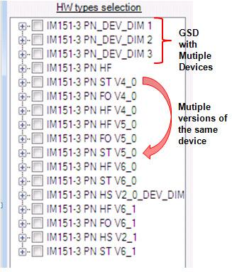 Configure Hardware Types Section 7 Device Import Wizard Figure 64. GSD with multiple devices and versions The hardware view is also used to navigate between the devices, modules, submodules.