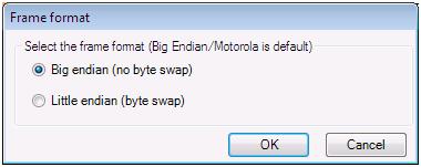 Byte Swapping Section 7 Device Import Wizard To swap the bytes: 1. Double-click. The Frame format dialog is displayed. Figure 72. Frame Format 2. Select the frame format to be applied.