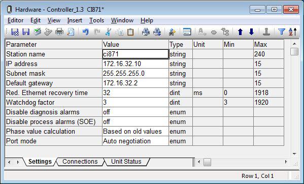 Section 3 Configuration Hardware Editor Settings Tab Figure 20. Settings for CI871 Table 7 describes the parameters available in the Settings tab of a CI871: Table 7.
