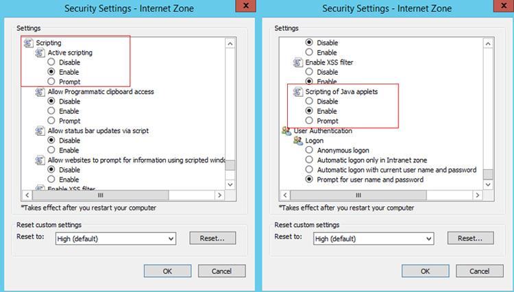 Reset Web Browser Security settings for Web Server Section 5 CI871 Web Server In the Security Settings, for Scripting and Scripting of Java applets, select the Enable option as shown in sample Figure