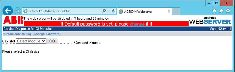 CI871 Web Server Security Section 5 CI871 Web Server The default password is ABB800xA.