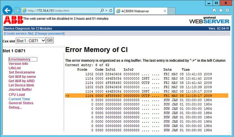 Errormemory Section 5 CI871 Web Server Errormemory This information is relevant only for an ABB service engineer in