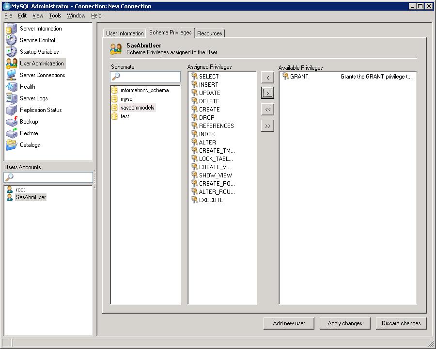 SAS recommends sasabmmodels. Click OK. 7. Now create a user to access that database. In the top left-hand pane select User Administration. The right-hand pane displays user information. 8.