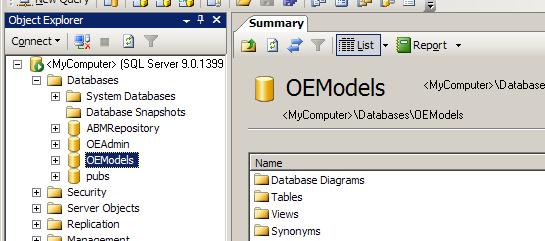 3. Expand the root folder. Expand the Databases folder as well. 4. Select the OEModels folder or the folder representing the name you gave the SAS Activity- Based Management 6.x models database. 5.