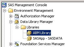 configuration creates the ABM Library in the SAS Metadata Server. This library uses the DSN definition on the OLAP Server to connect to the SAS Activity-Based Management database.
