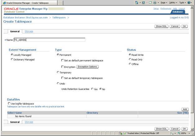 5. Enter a name for your tablespace. SAS suggests TS_SASABM. Accept the other default values.