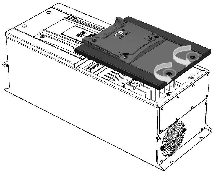 Optidrive ODP 2 User Guide Revision 1.30 3.9.4. Frame Size 6 3 Mechanical Installation Remove the two screws indicated, lift the cover forwards and off.