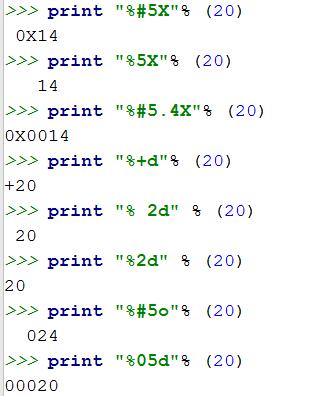 Flag Meaning # Used with o, x or X specifies the value is preceded with 0, 0o, 0O, 0x or 0X respectively. 0 The conversion result will be zero padded for numeric values.