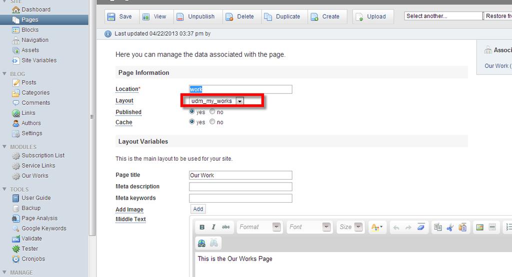 Figure 34 The Page Layout drop down used to indicate the page that is assigned to