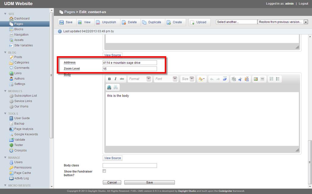 Figure 39 Creating the Contact Us page address and zoom level 9.