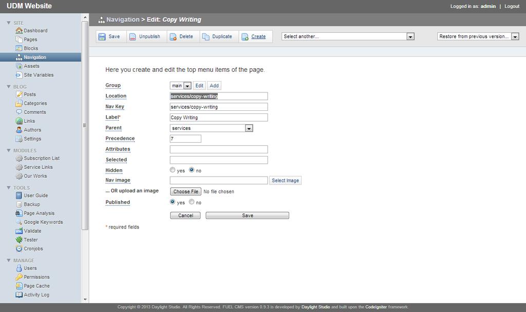 Figure 44 Options in the navigation creation of the FUEL CMS Figure 45 The Navigation Option of