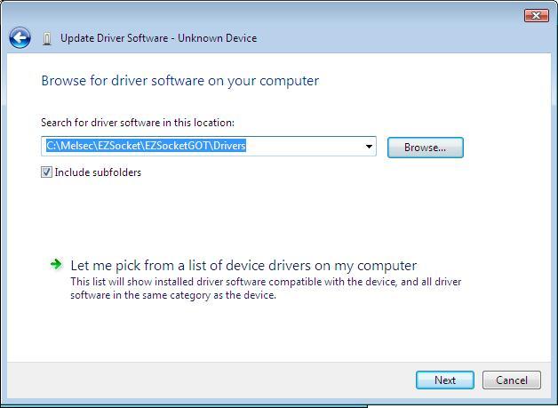 [Issue No.] FA-A-0008-D [Page] 24/26 (d) The following screen appears. Set the installed location EZSocket\EZSocketGOT\Drivers and select [Next].