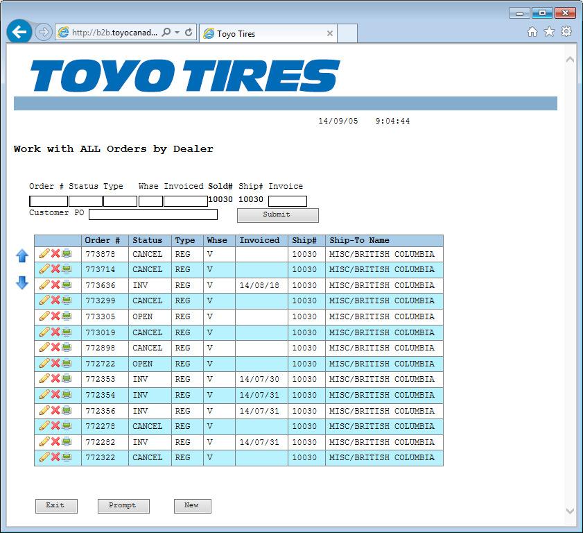 Work with Orders: This function allows you to see all your transaction with Toyo.