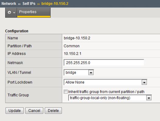 BIG-IP Acceleration: Network Configuration 9. Click Finished. The screen refreshes, and displays the new self IP address. The self IP address is assigned to the VLAN group specified.