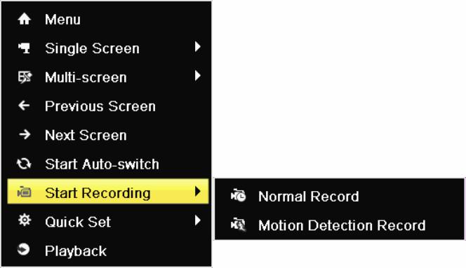 On the live view window, right click the window and move the cursor to the Start Recording option, and select Normal Record or Motion Detection Record on your demand.