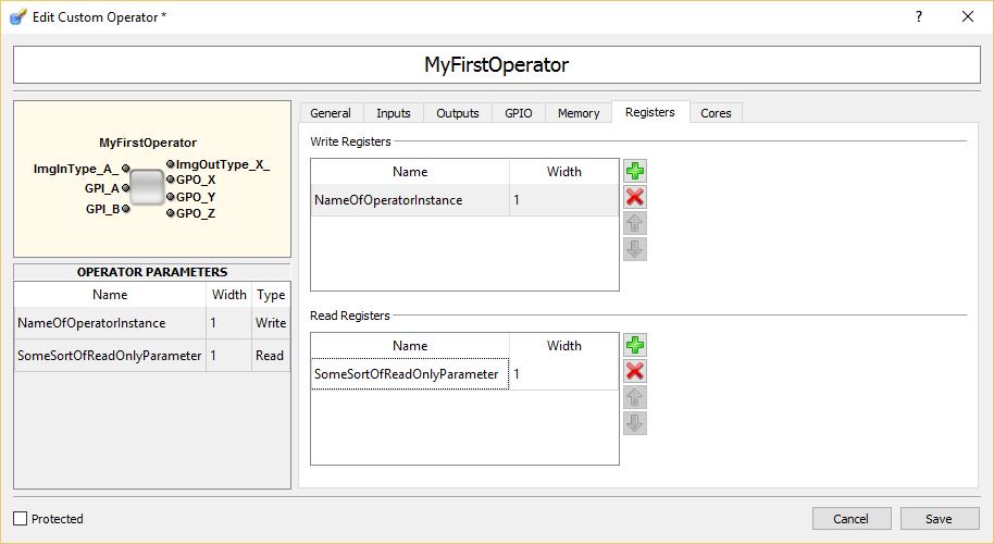 3.8 Defining the Registers of the Custom Operator Under the Registers tab, you can define the write and read registers your custom operator will provide.