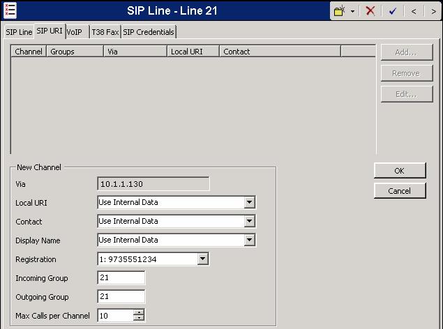 After the SIP credentials are defined, each SIP URI that Avaya IP Office will accept on this line must be created. To create a SIP URI entry, first select the SIP URI tab.