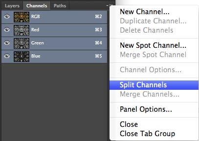 10. Open Channels tab on the right, next to Layers tab. Select Split Channels in the menu. Note: You now have two Photoshop windows, one for each color. 11.