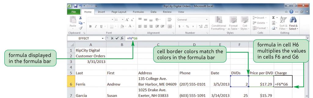 Working with Formulas Viewing a formula Select cell and review expression displayed in the formula bar Each cell