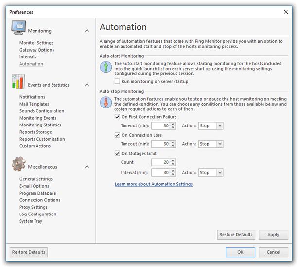 Program Preferences Automation Page Ping Monitor comes with a range of automation features that allow you to start, stop and pause monitoring automatically.