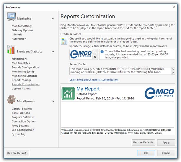 Program Preferences Reports Customization Page Ping Monitor enables you to customize the header and the footer of the PDF, HTML and MHT reports generated by the program.