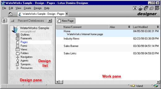 The Designer window is divided into the following panes: The left pane is called the Design pane. The Design pane lists the most recently used databases. Under each database is the Design list.