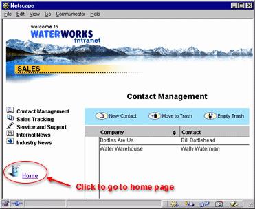 Move the cursor over the "Sales Department" text. Notice that the cursor changes to indicate this is a hotspot. Click to go to the Sales frameset: Move the cursor over the home page icon or text.