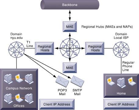The Internet backbone connects to regional networks, which in turn provide access to Internet service providers, large firms, and government institutions.