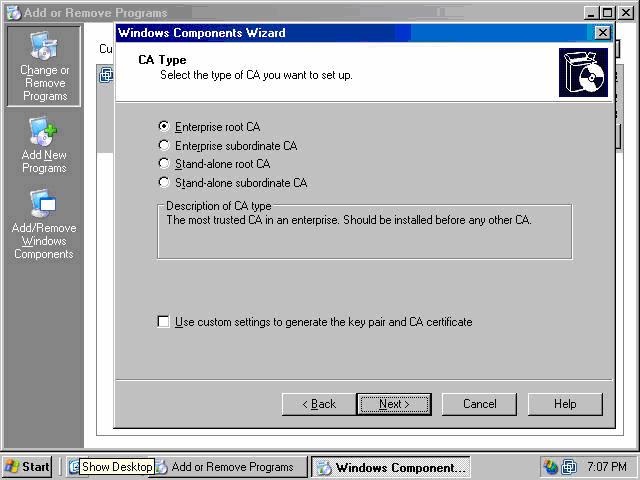 7. Select the Enterprise root CA option on the