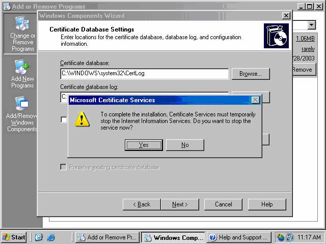 10. Click Yes on the Microsoft Certificate Services dialog box (figure 16)