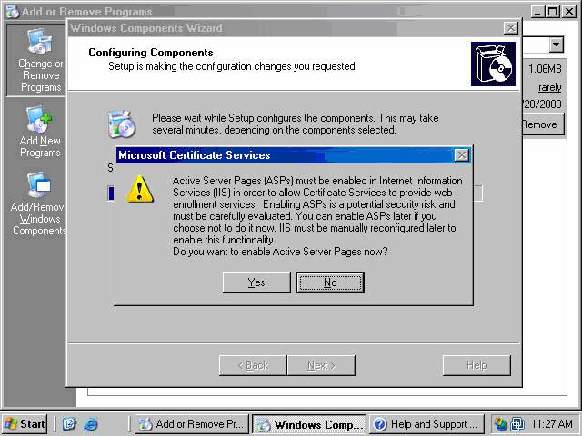 11. Click Yes on the Microsoft Certificate Services dialog box (figure 17) informing you Active Server