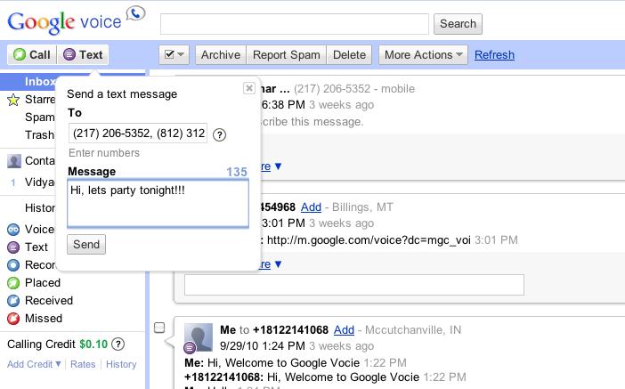 Click on the Text button at the top of your Google inbox, enter numbers or names (separated by commas) in the To field, write a message in the Message box, and click Send. 2.