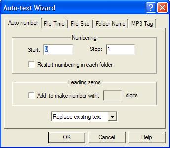 Auto-number wizard The auto-number wizard is brought up by pressing the Auto-text Wizard button on the Change Name panel, and selecting the Auto-number tab.
